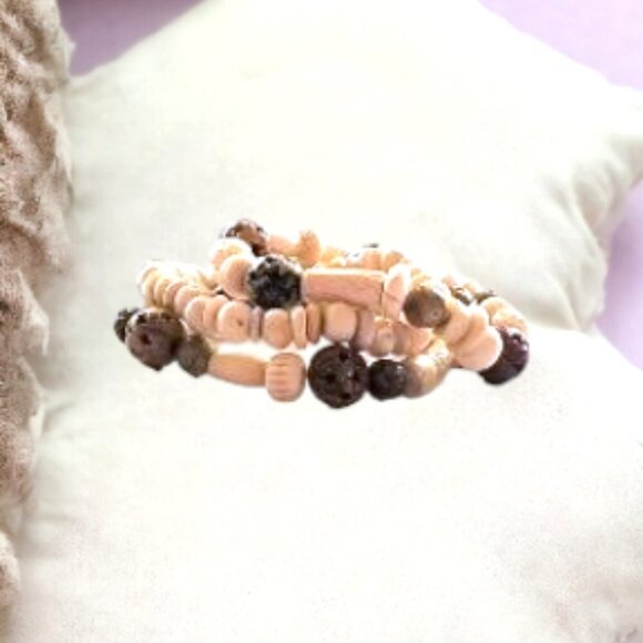 Ivory and Brown Acrylic Boho Southwestern Stretch Bracelets Set of 3 - Picture 2 of 2